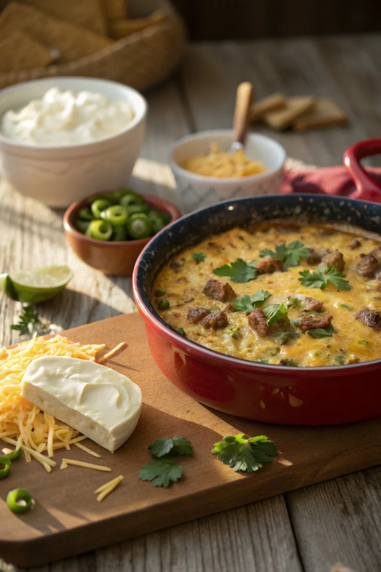 A rich and creamy sausage and cheese dip garnished with fresh cilantro and green onions.