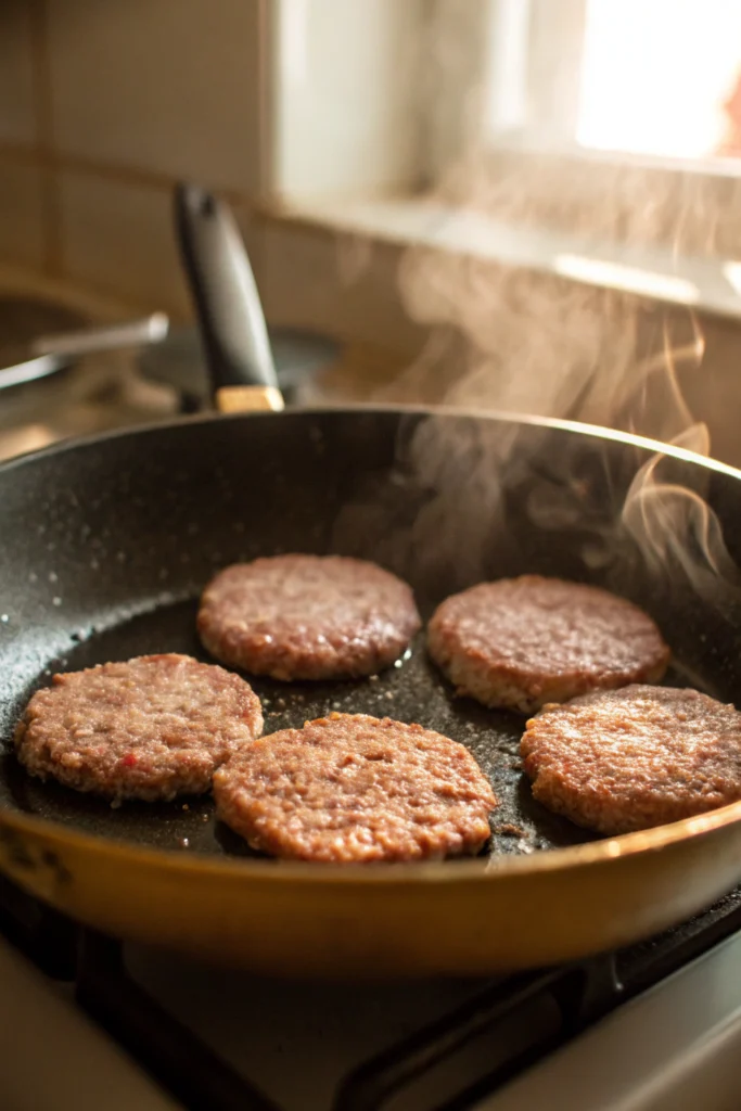 Starting the sausage egg and cheese croissant recipe with cooked sausage patties on a tray