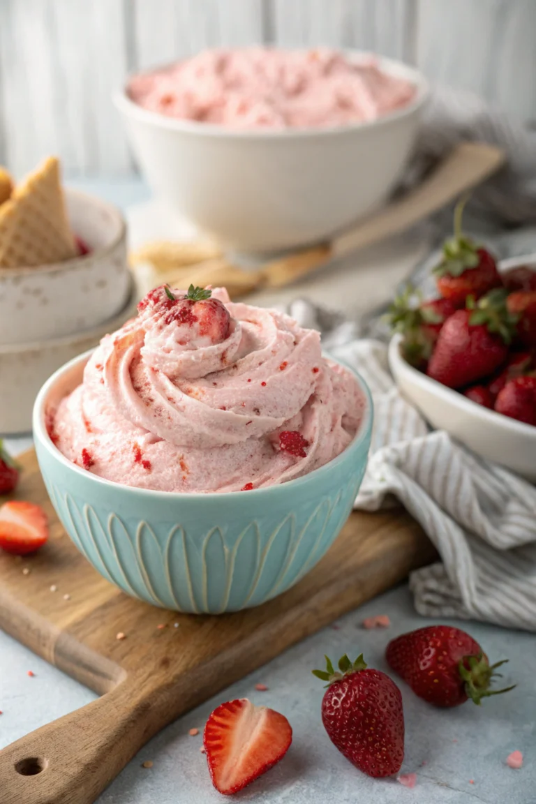 A bowl of freshly made strawberry cream cheese frosting, vibrant and creamy.