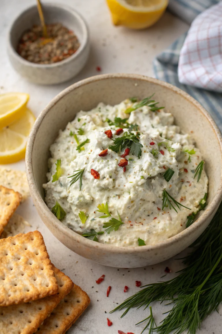 A bowl of creamy cottage cheese topped with herbs, lemon zest, and olive oil, ideal for cottage cheese snacks.