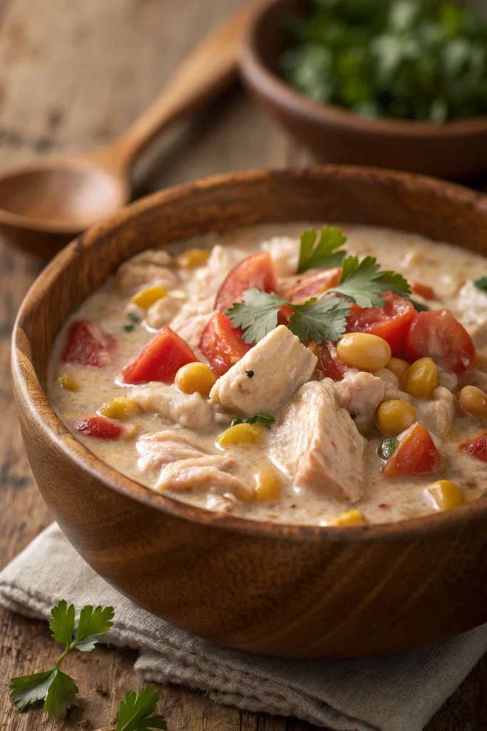 Creamy cheese chicken chili with diced tomatoes, beans, and spices in a white bowl.
