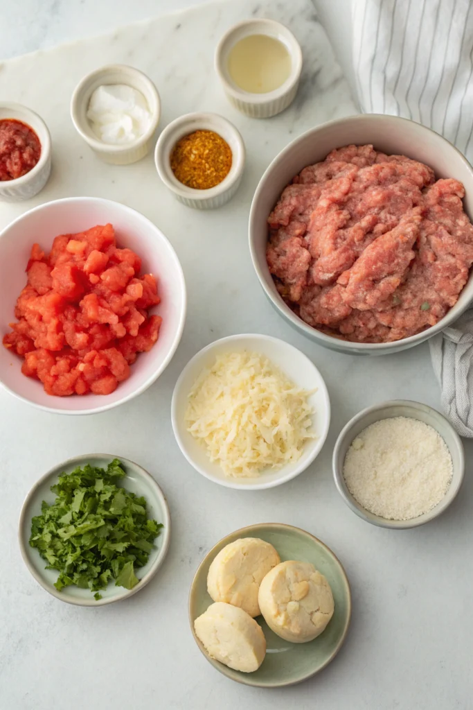 Top-down view of raw ingredients for rotel cream cheese sausage balls arranged on a clean kitchen counter with natural light.