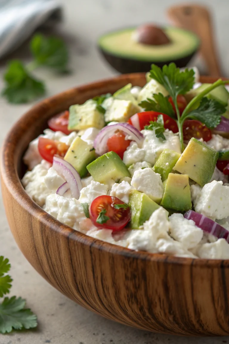 Bowl of Costco cottage cheese salad with cucumber, cherry tomatoes, and red onion.