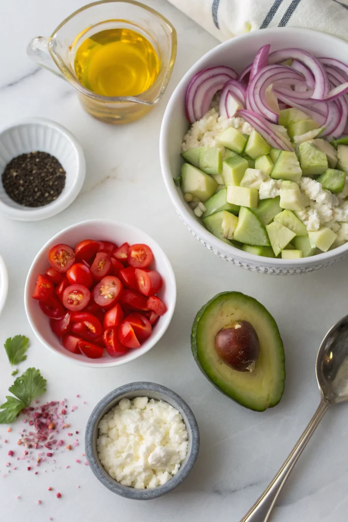 Bowl of Costco cottage cheese mixed with cucumber, tomatoes, red onion, and avocado