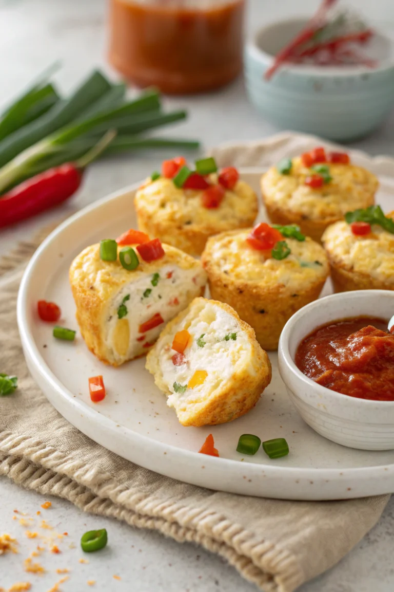 Plate of freshly baked egg bites with cottage cheese, peppers, and green onions