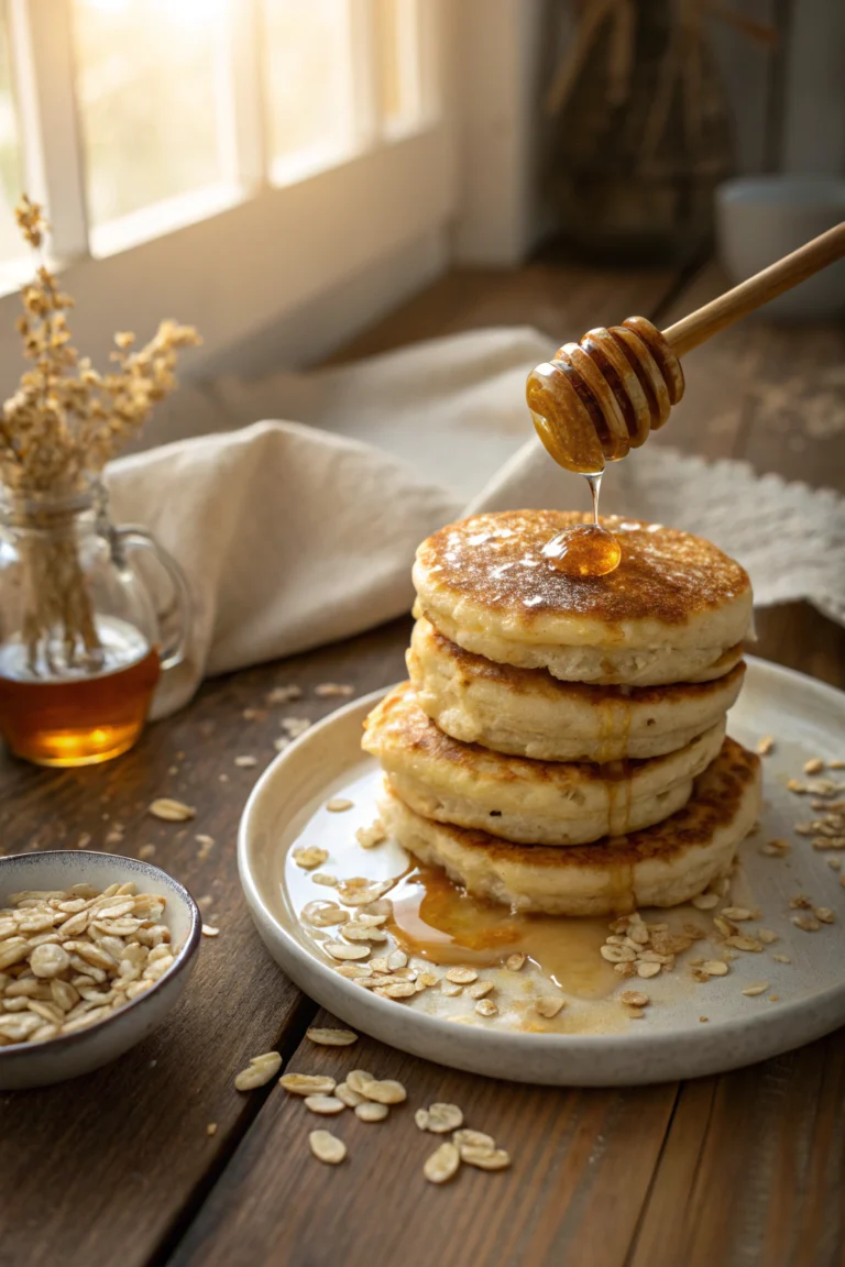 Stack of healthy fat free cottage cheese pancakes with a golden brown color