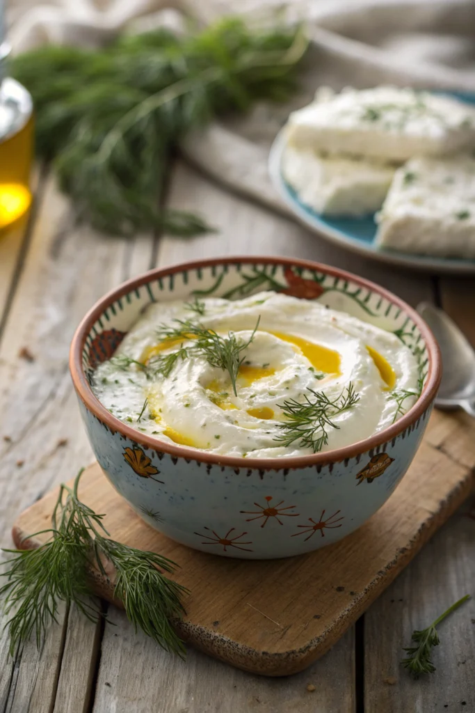 A bowl of homemade lactose free cream cheese garnished with herbs