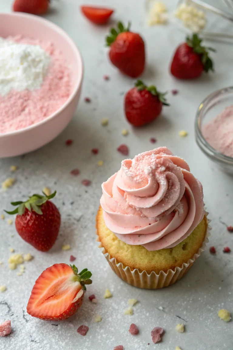 Vibrant strawberry cream cheese frosting swirled on top of a cupcake