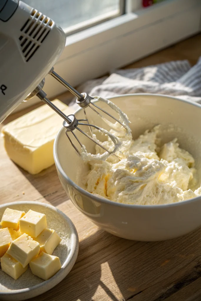 Mixing ingredients for strawberry cream cheese frosting in a bowl.